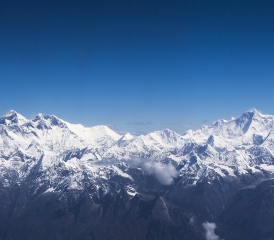Aerial view of 3 giants of the earth, Everest, Makalu and Lothse . High mountain and high altitude.